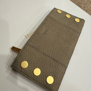 Hammitt Taupe Leather Card Holder with Gold Studs
